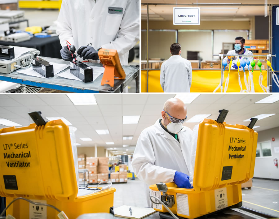 Bloom Energy team members work at a lung testing station; test voltage of new batteries, and run battery diagnostics on out-of-service ventilators.